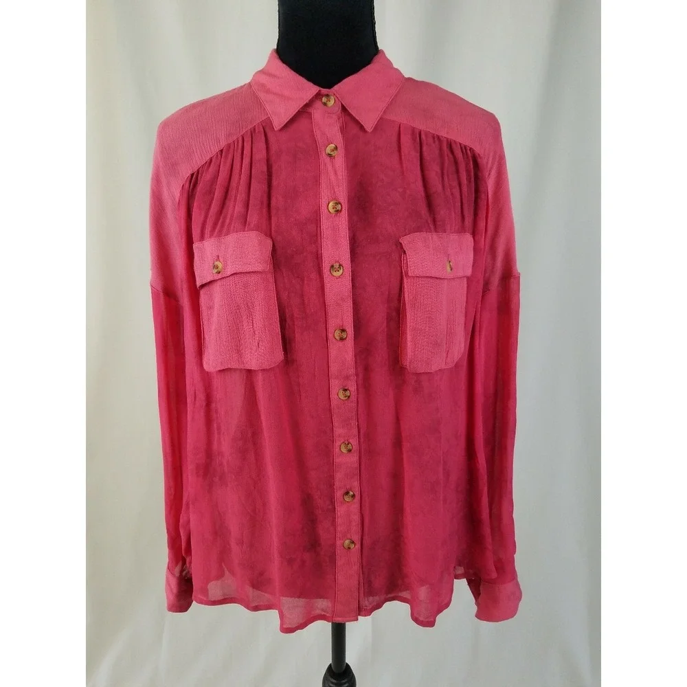 Free People women SP sheer blouse long sleeve‎ button front tie dye grungecore